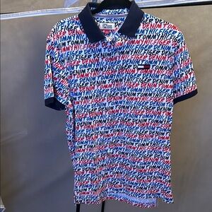 Tommy Hilfiger Script Logo Polo in White, Navy & Red